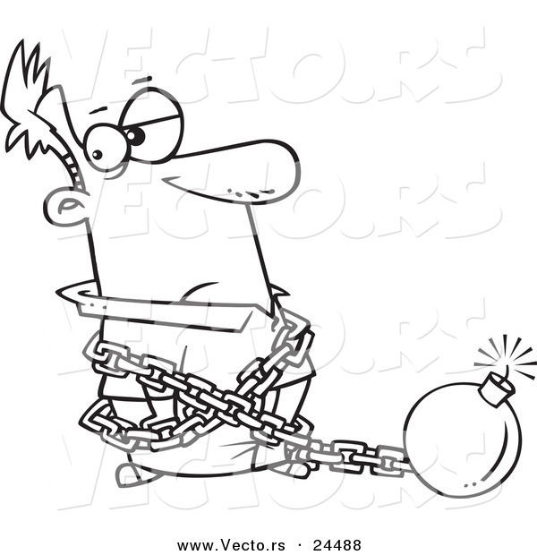 Vector of a Cartoon Man in a Predicament Chained to a Bomb - Outlined Coloring Page