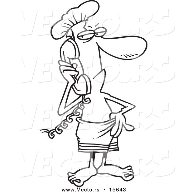 Vector of a Cartoon Man in a Towel, Answering an Inconvenient Phone Call - Coloring Page Outline