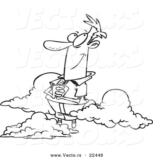 Vector of a Cartoon Man in the Clouds - Coloring Page Outline