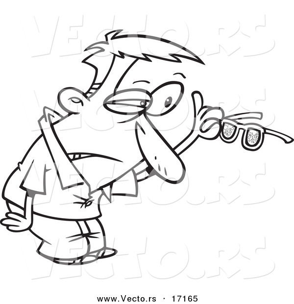 Vector of a Cartoon Man Inspecting His Dirty Glasses - Coloring Page Outline