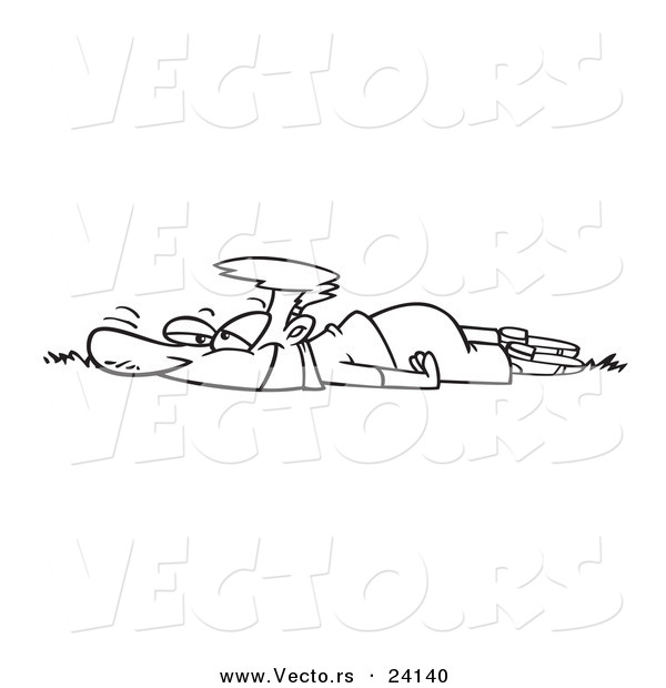 Vector of a Cartoon Man Laying in Fresh Grass - Coloring Page Outline