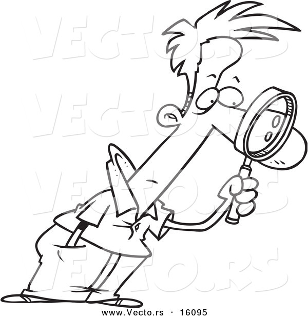 Vector of a Cartoon Man Leaning Forward and Examining with a Magnifying Glass - Outlined Coloring Page Drawing