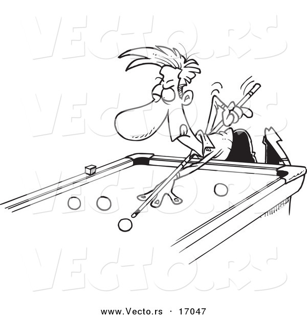 Vector of a Cartoon Man Leaning over a Billiards Table - Coloring Page Outline