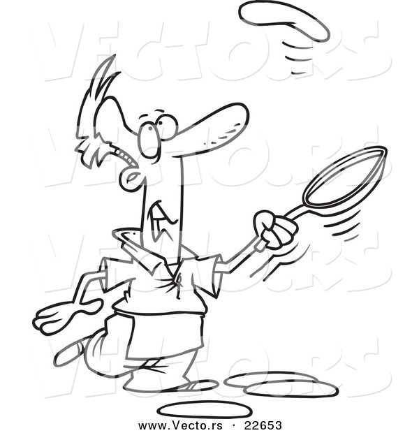 Vector of a Cartoon Man Learning to Flip Pancakes - Coloring Page Outline