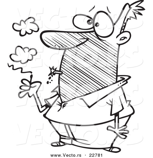 Vector of a Cartoon Man Lighting an Exploding Cigarette - Coloring Page Outline