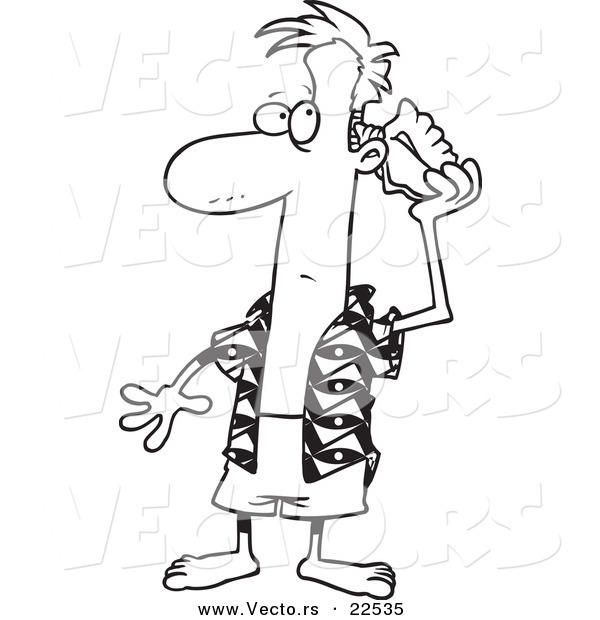 Vector of a Cartoon Man Listening to a Conch Shell - Coloring Page Outline