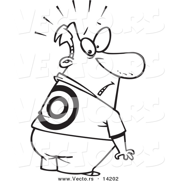 Vector of a Cartoon Man Looking at a Target on His Back - Coloring Page Outline