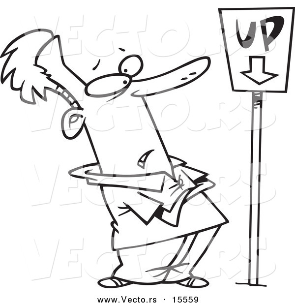 Vector of a Cartoon Man Looking at an up Sign Pointing down - Coloring Page Outline