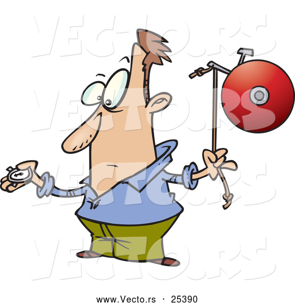 Vector of a Cartoon Man Looking at His Stopwatch While Preparing to Ding a Bell