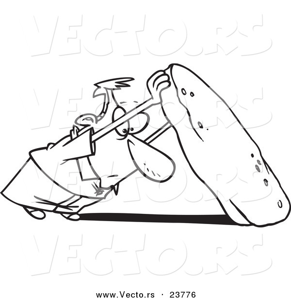 Vector of a Cartoon Man Looking Under a Stone - Coloring Page Outline