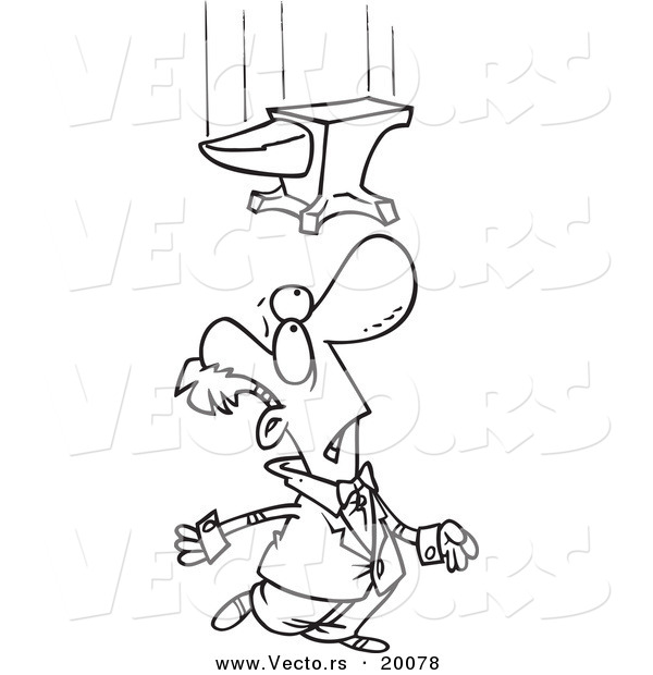 Vector of a Cartoon Man Looking up at a Falling Anvil - Outlined Coloring Page