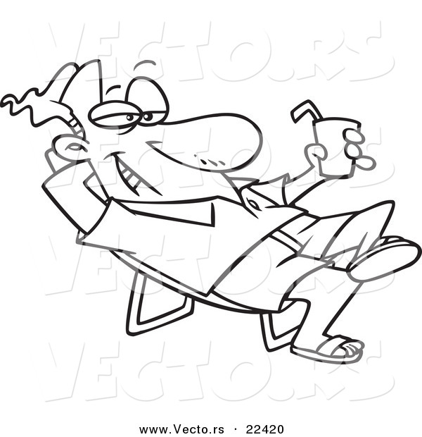 Vector of a Cartoon Man Lounging and Holding a Cold Drink - Coloring Page Outline