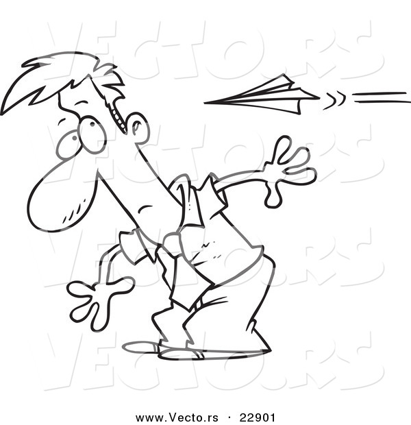 Vector of a Cartoon Man Moving to Avoid a Paper Plane - Coloring Page Outline