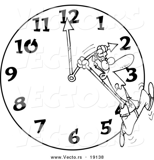 Vector of a Cartoon Man on a Daylight Savings Clock - Outlined Coloring Page
