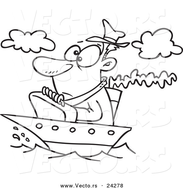 Vector of a Cartoon Man on a Tiny Ship - Outlined Coloring Page