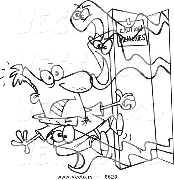 Vector of a Cartoon Man Opening a Door of Bad Memories - Outlined Coloring Page Drawing