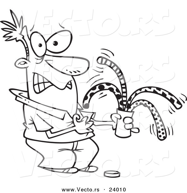 Vector of a Cartoon Man Opening a Surprise Can of Worms - Coloring Page Outline