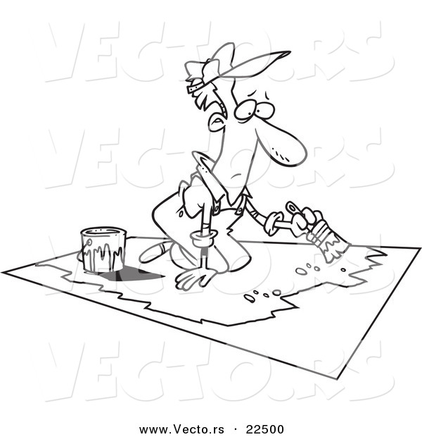 Vector of a Cartoon Man Painting a Floor - Coloring Page Outline