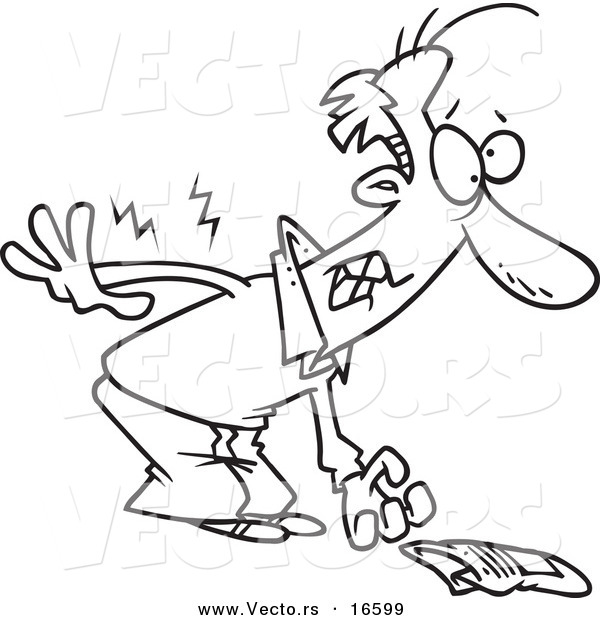 Vector of a Cartoon Man Picking up a Newspaper and Hurting His Back - Outlined Coloring Page Drawing