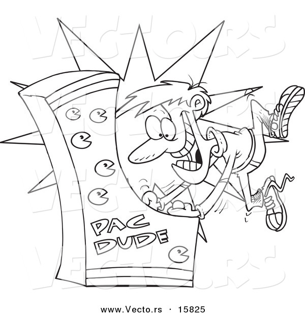 Vector of a Cartoon Man Playing an Arcade Game - Outlined Coloring Page Drawing