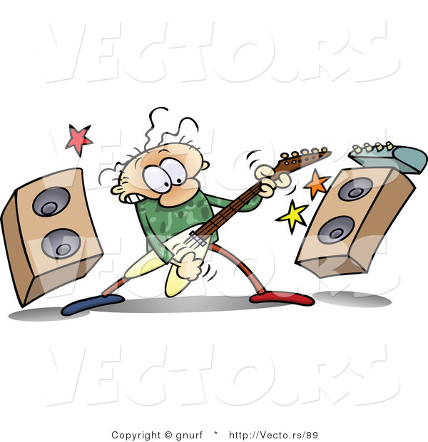 Vector of a Cartoon Man Playing Electric Guitar with Large Speakers and Amplifier