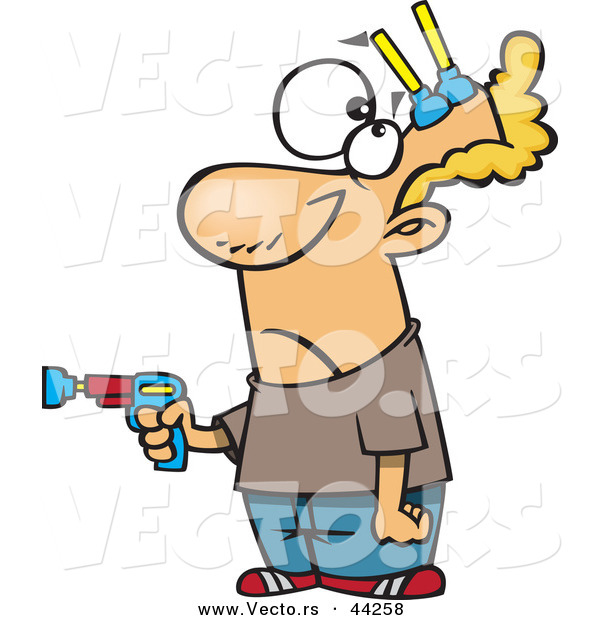 Vector of a Cartoon Man Pointing Toy Gun While Getting Shot with Nerf Darts to His Head