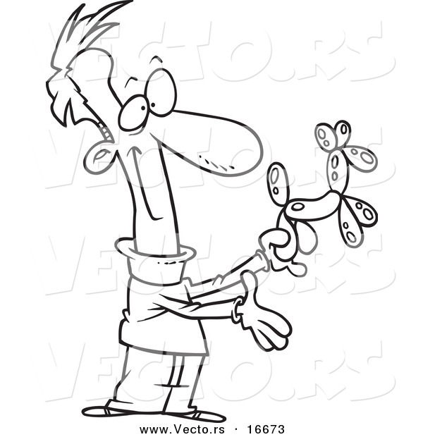 Vector of a Cartoon Man Presenting a Balloon Dog - Outlined Coloring Page Drawing