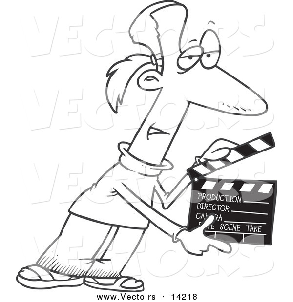 Vector of a Cartoon Man Presenting Take 2 with a Clapper - Coloring Page Outline