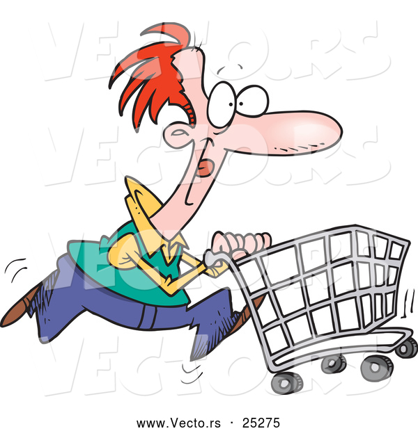 Vector of a Cartoon Man Pushing a Shopping Cart While Running