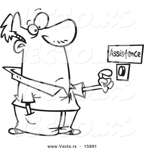 Vector of a Cartoon Man Pushing an Assistance Button - Outlined Coloring Page Drawing
