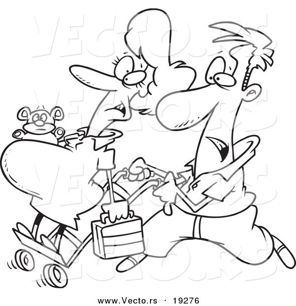 Vector of a Cartoon Man Pushing His Pregnant Wife on a Dolly - Outlined Coloring Page