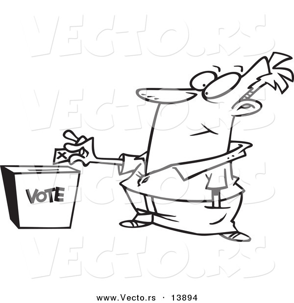 Vector of a Cartoon Man Putting His Ballot into a Vote Box - Coloring Page Outline