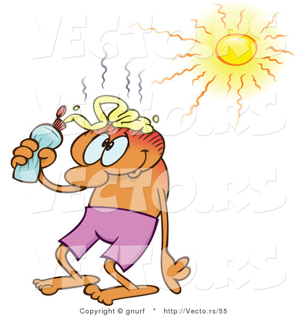 Vector of a Cartoon Man Putting Sunblock on His Bald Head on a Hot Summer Day