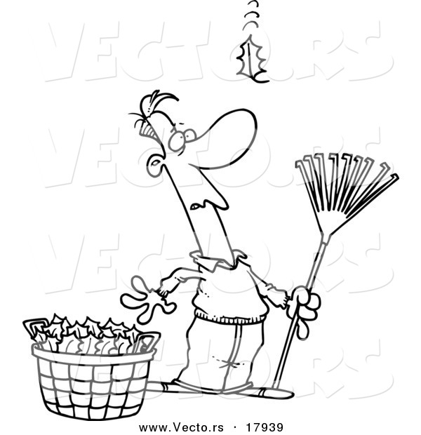 Vector of a Cartoon Man Raking Leaves, Watching yet Another Fall - Outlined Coloring Page