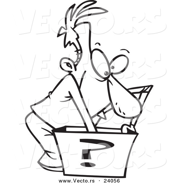 Vector of a Cartoon Man Reaching in a Surprise Box - Coloring Page Outline