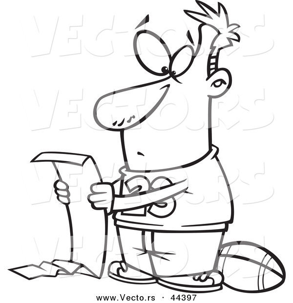 Vector of a Cartoon Man Reading a Long to Do List but Wanting to Play Football - Coloring Page Outline