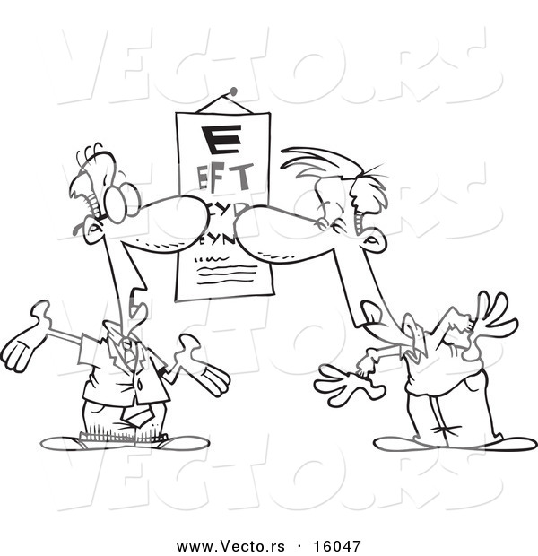 Vector of a Cartoon Man Reading an Eye Chart - Outlined Coloring Page Drawing