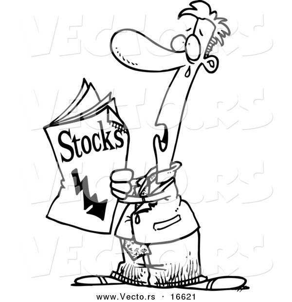 Vector of a Cartoon Man Reading Bad News in the Stocks Pages - Outlined Coloring Page Drawing