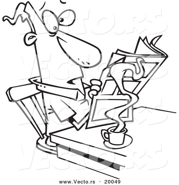 Vector of a Cartoon Man Reading the News over His Morning Coffee - Outlined Coloring Page