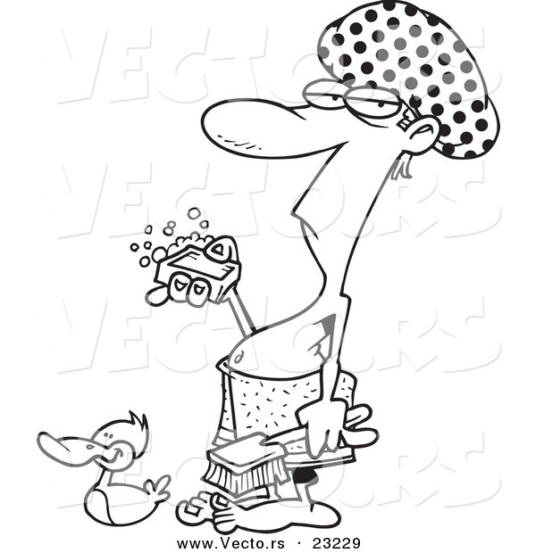 Vector of a Cartoon Man Ready for a Shower - Coloring Page Outline