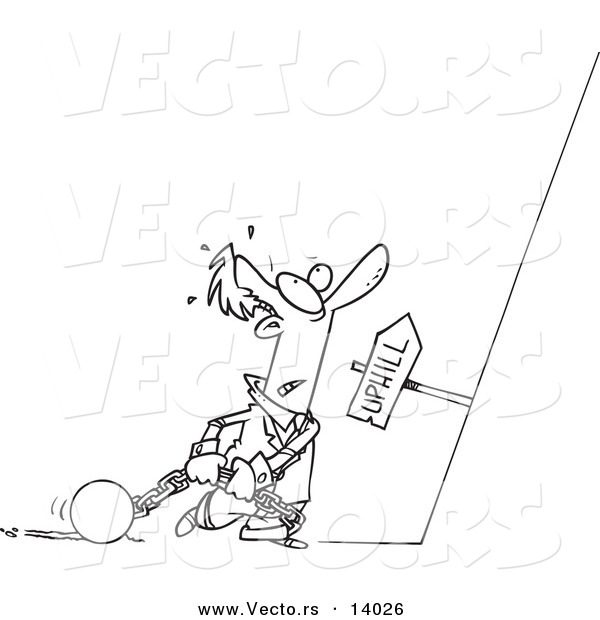 Vector of a Cartoon Man Ready to Drag His Ball and Chains Uphill - Coloring Page Outline