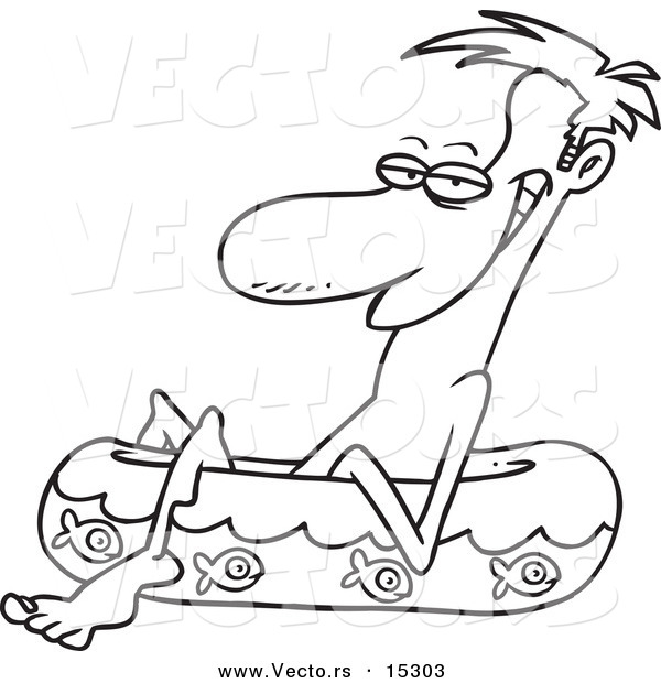 Vector of a Cartoon Man Relaxing in a Kiddy Pool - Coloring Page Outline