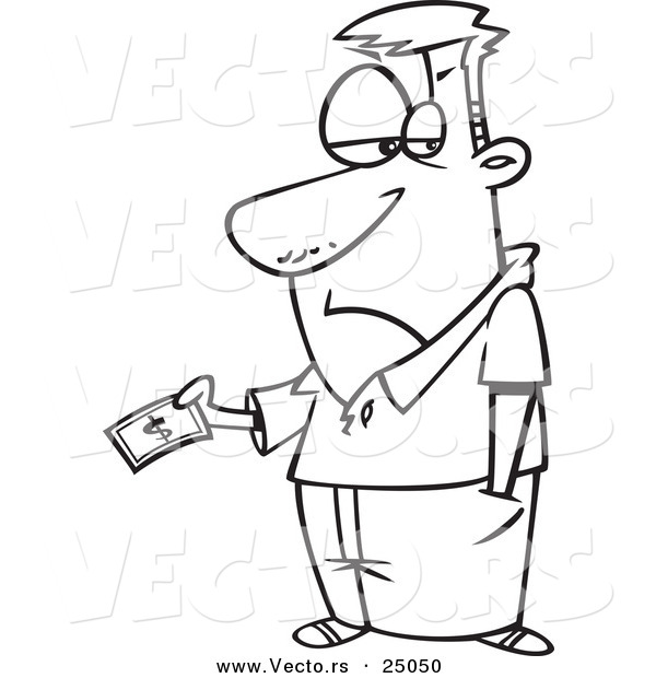 Vector of a Cartoon Man Reluctantly Giving Away American Money - Outlined Coloring Page