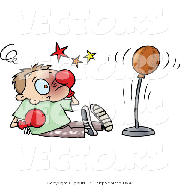 Vector of a Cartoon Man Rubbing His Black Eye While Being Outboxed by a Punching Bag During a Training Lesson