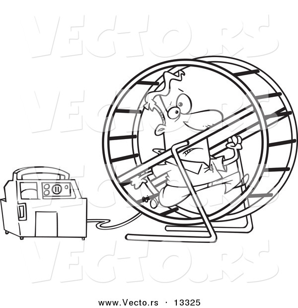 Vector of a Cartoon Man Running in a Wheel to Power a Generator - Coloring Page Outline