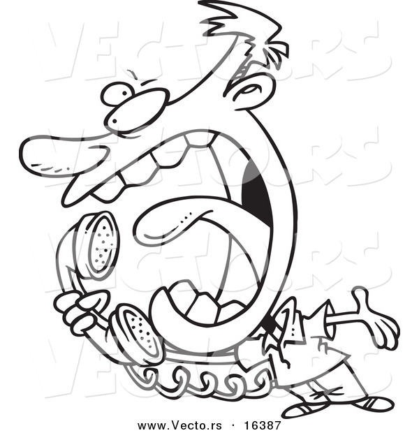 Vector of a Cartoon Man Screaming into a Telephone - Outlined Coloring Page Drawing