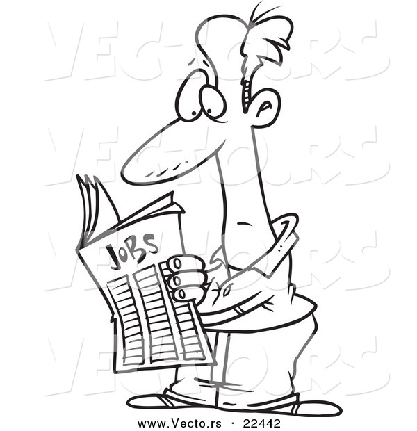 Vector of a Cartoon Man Seeking for a Job in the Classifieds - Coloring Page Outline