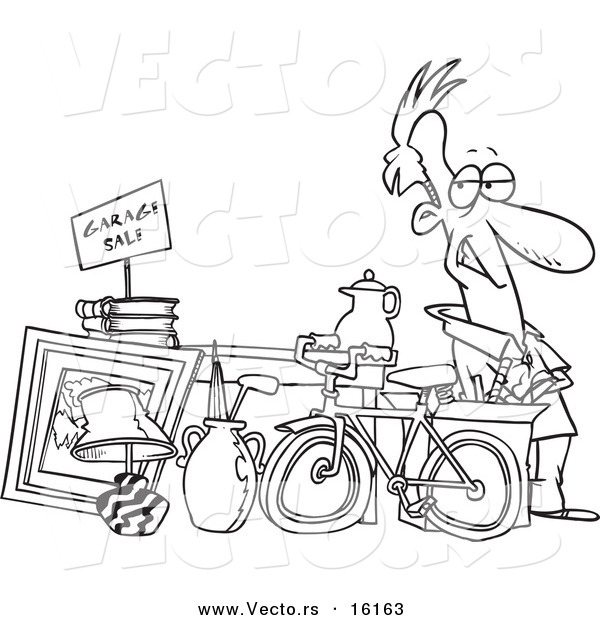 Vector of a Cartoon Man Selling His Stuff at a Yard Sale - Outlined Coloring Page Drawing