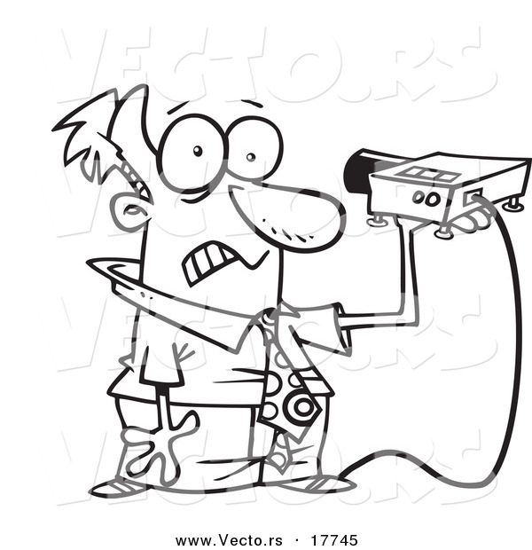 Vector of a Cartoon Man Shining a Projector in His Face - Outlined Coloring Page