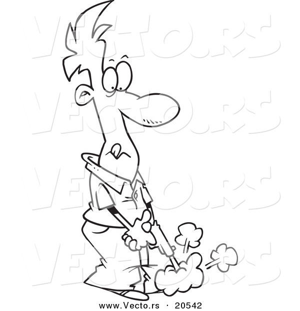 Vector of a Cartoon Man Shooting His Own Foot - Coloring Page Outline